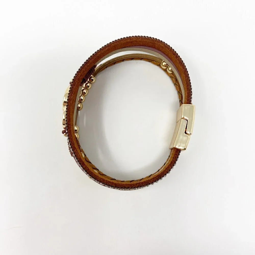 BTYSUN | Brown Leather Gold Tone Beaded Wrap Bracelet Magnetic Closure